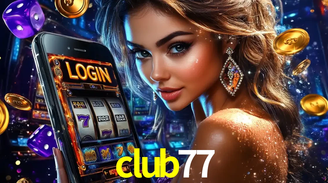 Mulher glamorosa segurando um smartphone com a tela de login para os jogos de caça-níqueis do cassino online club77, com moedas de ouro e dados ao redor.