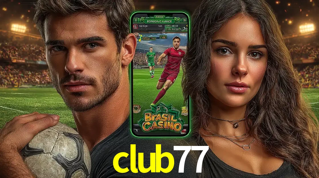 Homem segurando uma bola de futebol e uma mulher ao lado de um smartphone exibindo o jogo de apostas esportivas da club77. Faça seu palpite no cassino online.